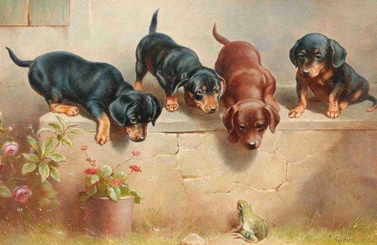 Curious dachshund puppies and a frog,Neugierige Dackelwelpen und ein Frosch,Carl Reichert,Ölgemälde,Ölgemälde