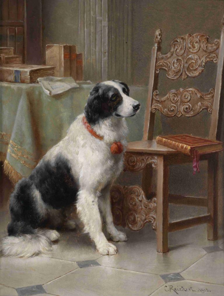 Der Liebling der Familie,Carl Reichert,Oil Painting,Oil Painting, no humans, dog, animal focus, indoors