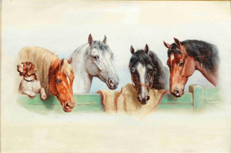 Ein Hund und vier Pferde,Carl Reichert,Oil Painting,Oil Painting, no humans, horse, realistic