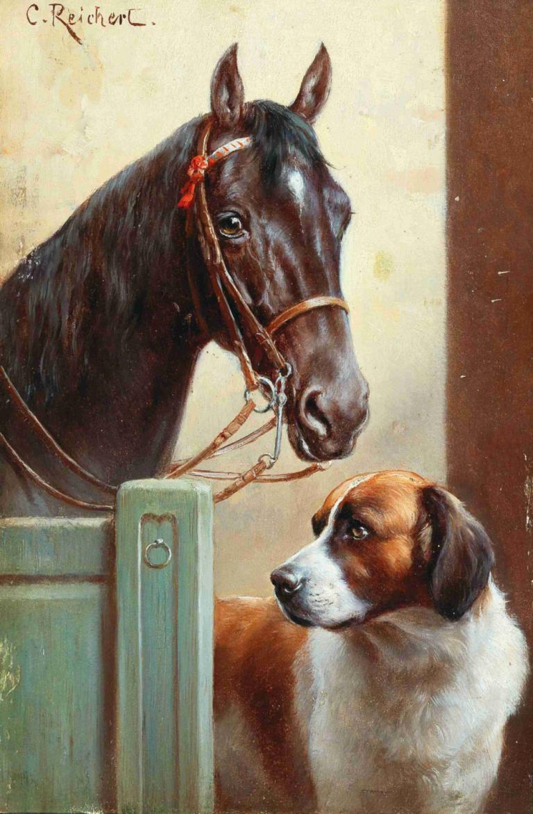 Friends, a bay and a St Bernard in a stable,Amici, un baio e un San Bernardo in una stalla,Carl Reichert