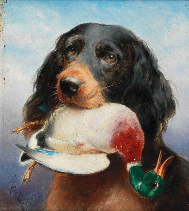 Gordon Setter with Mallard Duck,Setter Gordon con anatra reale,Carl Reichert,Pittura ad olio,Pittura ad olio