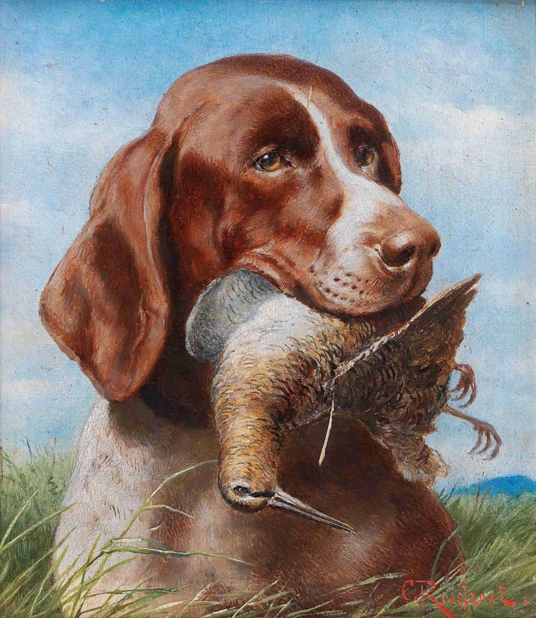 Gundog With Snipe,Gundog s čopičem,Carl Reichert,Oljna slika,Oljna slika, realističen, trava, brez ljudi