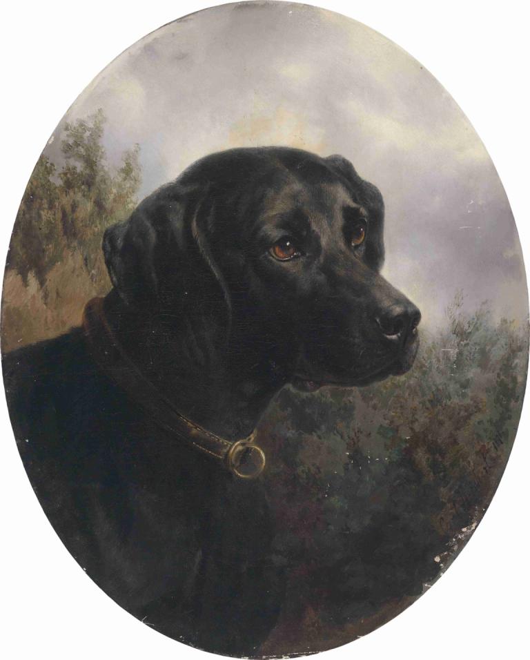 Hector,Carl Reichert,Oil Painting,Oil Painting, no humans, animal focus, dog, animal, tree, collar, solo