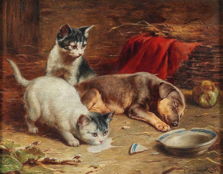 In the Pantry,Carl Reichert,Oil Painting,Oil Painting, no humans, cat, traditional media, pet bowl, animal