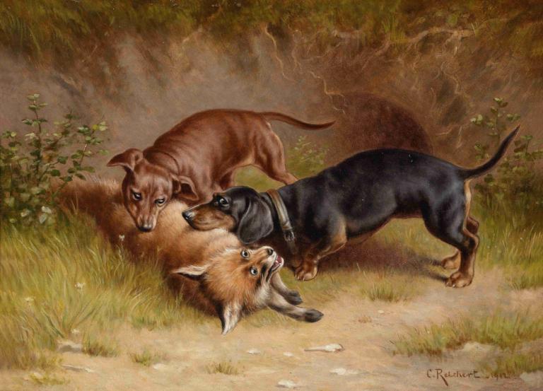 Jagdbeute,Carl Reichert,Oil Painting,Oil Painting, no humans, grass, realistic, signature, animal focus