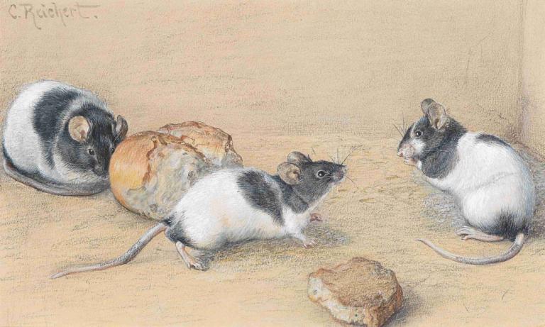 Mäuse,Carl Reichert,Oil Painting,Oil Painting, no humans, animal focus, cat, mouse, traditional media, animal