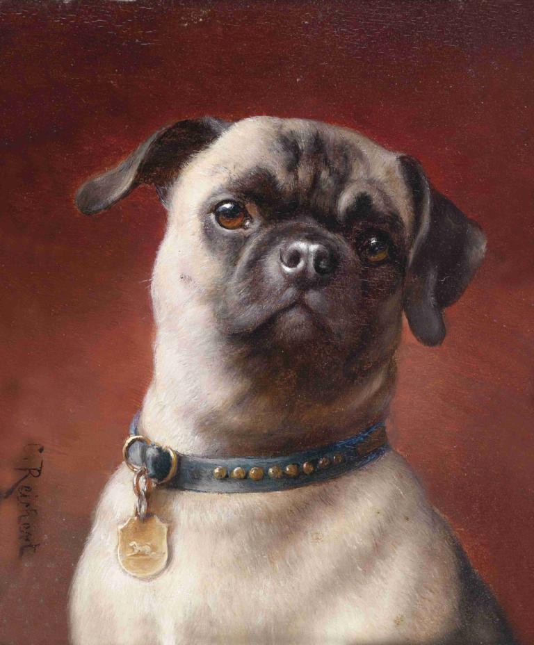 Mops,Carl Reichert,Oil Painting,Oil Painting, no humans, animal focus, realistic, signature