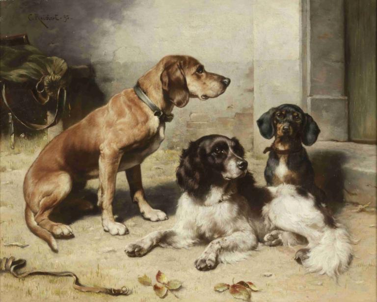 Nach Der Jagd,Efter jakten,Carl Reichert,Oljemålning,Oljemålning, inga människor, hund, realistisk, signatur