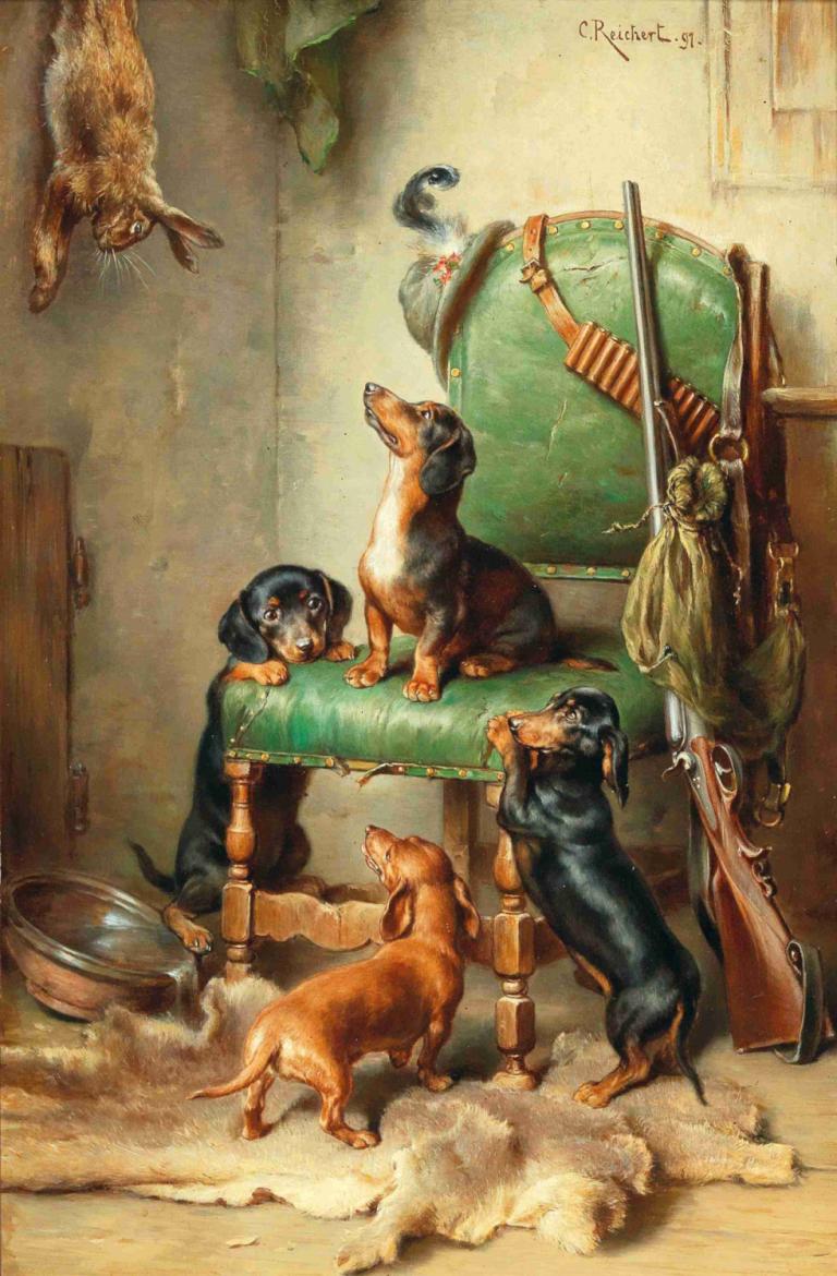 Noch nicht hasenrein,Carl Reichert,Oil Painting,Oil Painting, dog, gun, weapon, animal, rifle, no humans