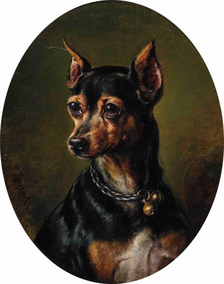 Pinscher in Collar with Bells,Pinseri kaulapannassa kellojen kanssa,Carl Reichert,Öljymaalaus,Öljymaalaus