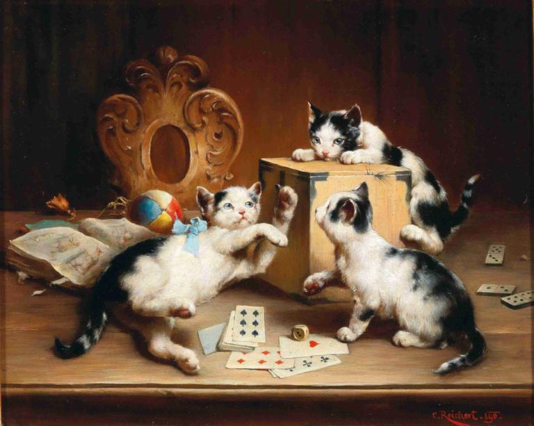 Playful kittens,Gattini giocherelloni,Carl Reichert,Pittura ad olio,Pittura ad olio, nessun essere umano