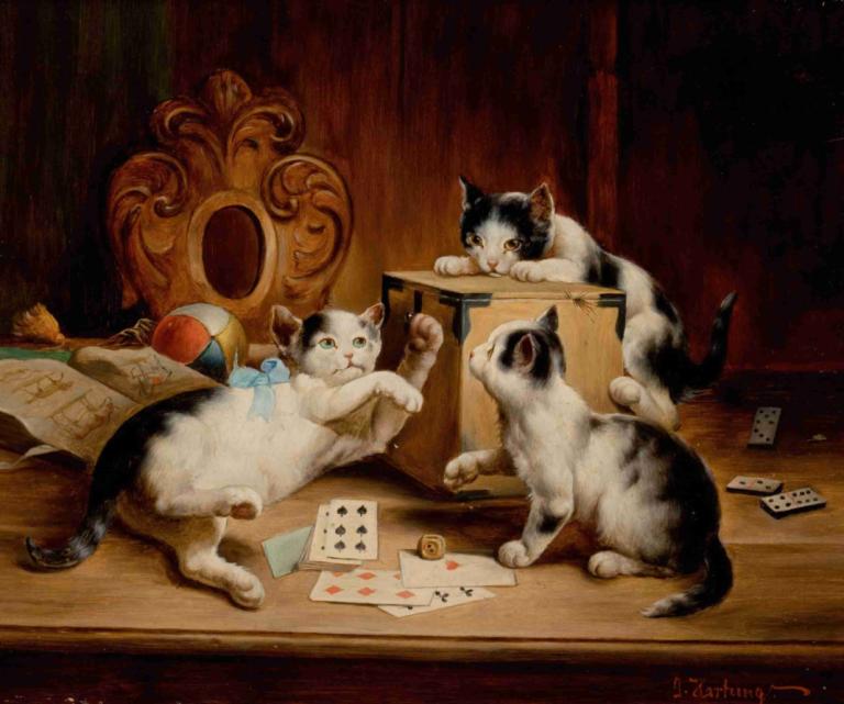 Playing Cards,Spelkort,Carl Reichert,Oljemålning,Oljemålning, katt, inga människor, spela kort, kort, boll