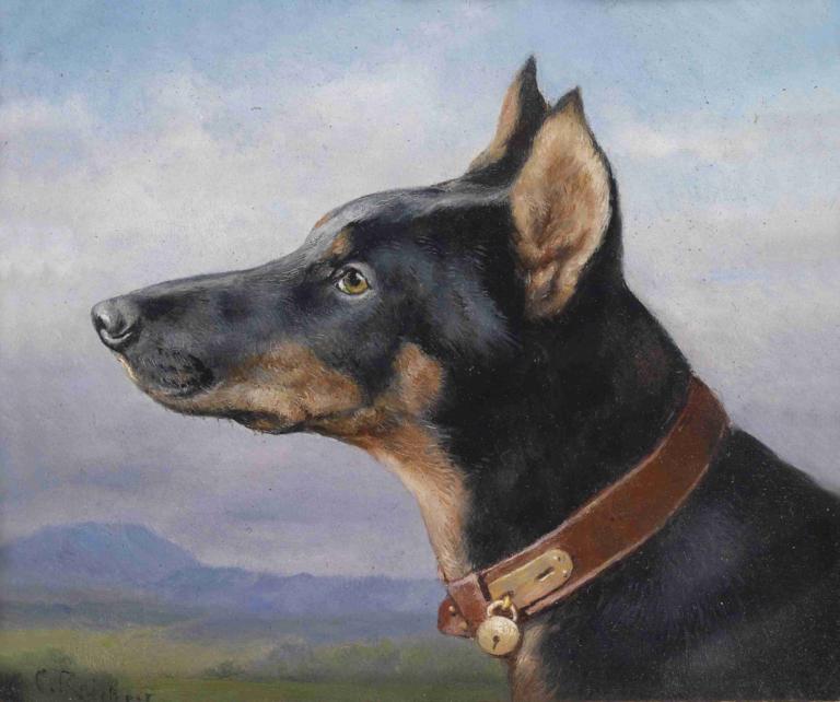 Portrait eines Dobermanns,Portrét dobrmana,Carl Reichert,Olejomalba,Olejomalba, žádní lidé, zvířecí zaměření