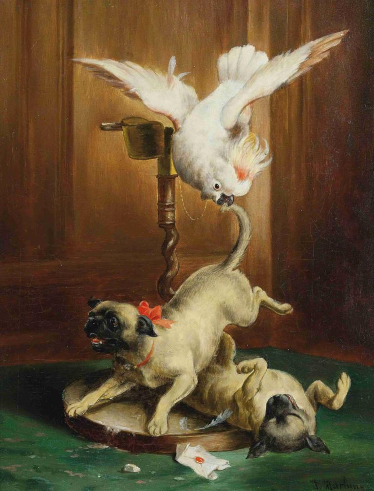 Pug pandemonium,Pandemonium för mopsar,Carl Reichert,Oljemålning,Oljemålning, inga människor, hund, fågel