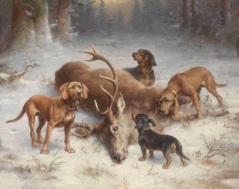 Schweißhunde mit erlegtem Hirsch,Spawanie psów z postrzelonym jeleniem,Carl Reichert,Obraz olejny