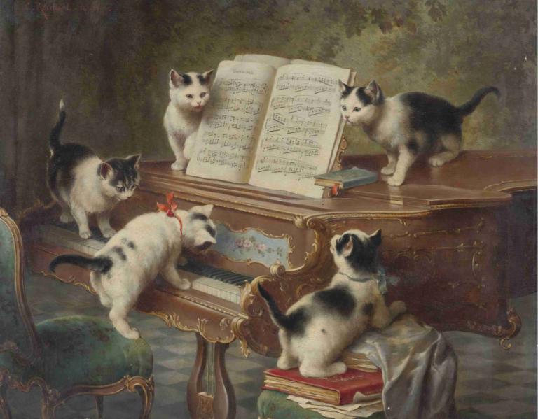 The Kittens' Recital,Recital kociąt,Carl Reichert,Obraz olejny,Obraz olejny, żadnych ludzi, kot