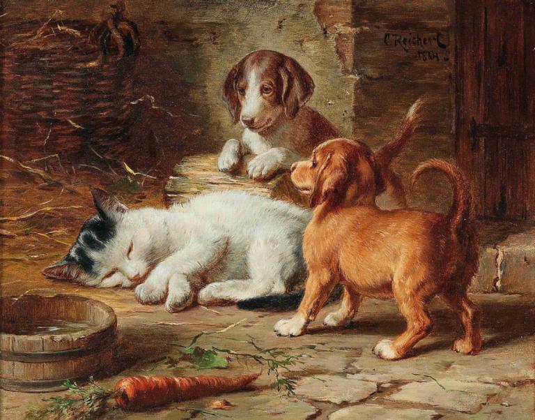 The Puppies Are Awake,Szczeniaki się obudziły,Carl Reichert,Obraz olejny,Obraz olejny, żadnych ludzi, pies