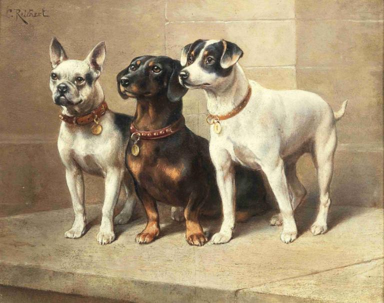 Three watchful dogs,Trzy czujne psy,Carl Reichert,Obraz olejny,Obraz olejny, żadnych ludzi, pies