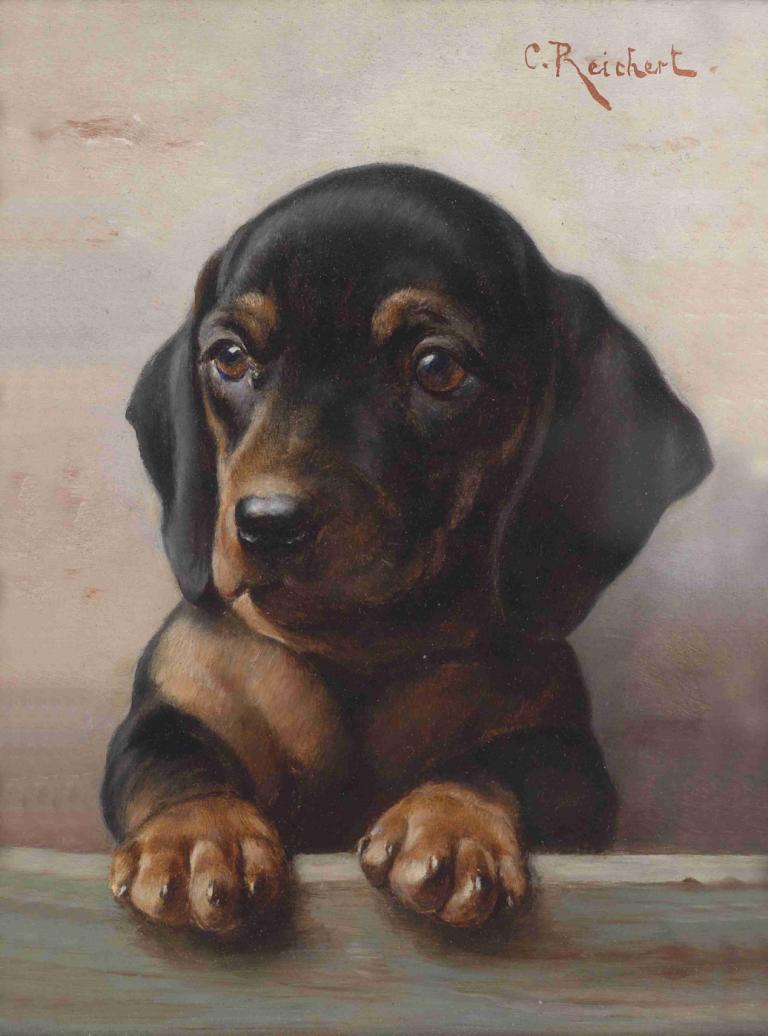 Young dachshund,Carl Reichert,Ölgemälde,Ölgemälde, keine Menschen, Hund, traditionelle Medien, realistisch