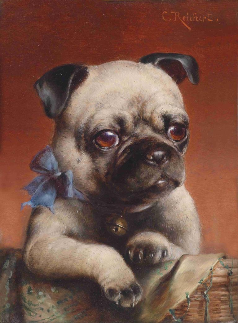 Young pug,Ung mops,Carl Reichert,Oljemålning,Oljemålning, inga människor, djurfokus, klocka