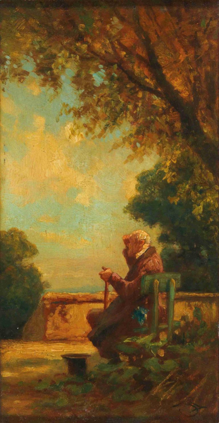 Alter Mann auf einer Bank,Carl Spitzweg,Oil Painting,Oil Painting, tree, solo, sitting, outdoors, 1boy, chair