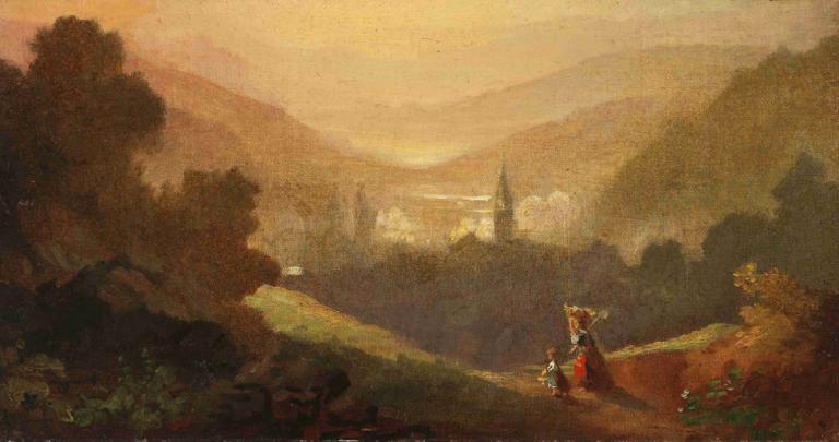 Berglandschaft mit Sennerin und Kind,Paisaje de montaña con lechera y niño,Carl Spitzweg,Pintura al óleo