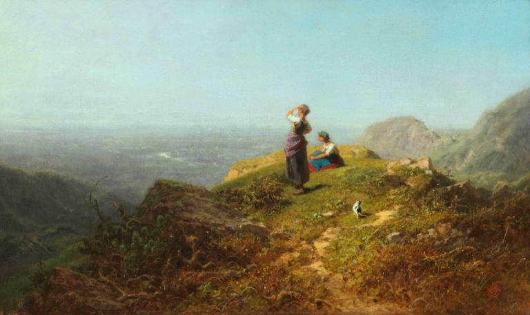 Blick ins Tal (Zwei Mädchen auf einer Alpe),Carl Spitzweg,Oil Painting,Oil Painting, outdoors, day, scenery