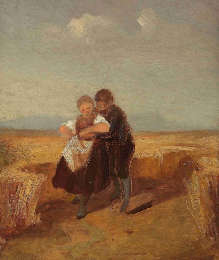 Bub und Mädchen im Kornfeld,Carl Spitzweg,Oil Painting,Oil Painting, multiple boys, 2boys, male focus