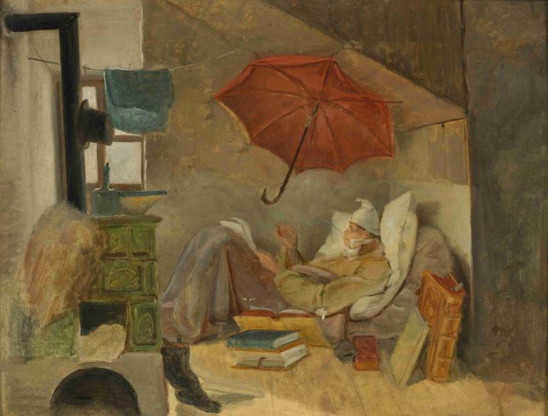 Der Arme Poet,Carl Spitzweg,Oil Painting,Oil Painting, male focus, solo, 1boy, umbrella, book, pillow, old