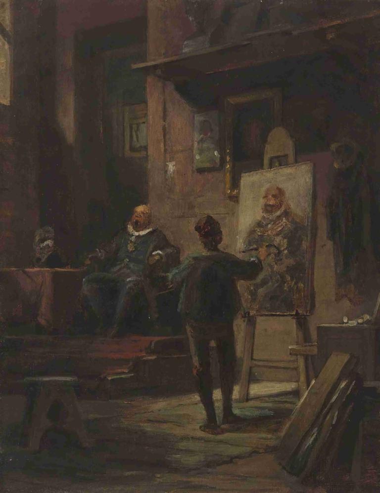 Der Maler,Carl Spitzweg,Oil Painting,Oil Painting, multiple boys, painting (object), sitting, indoors