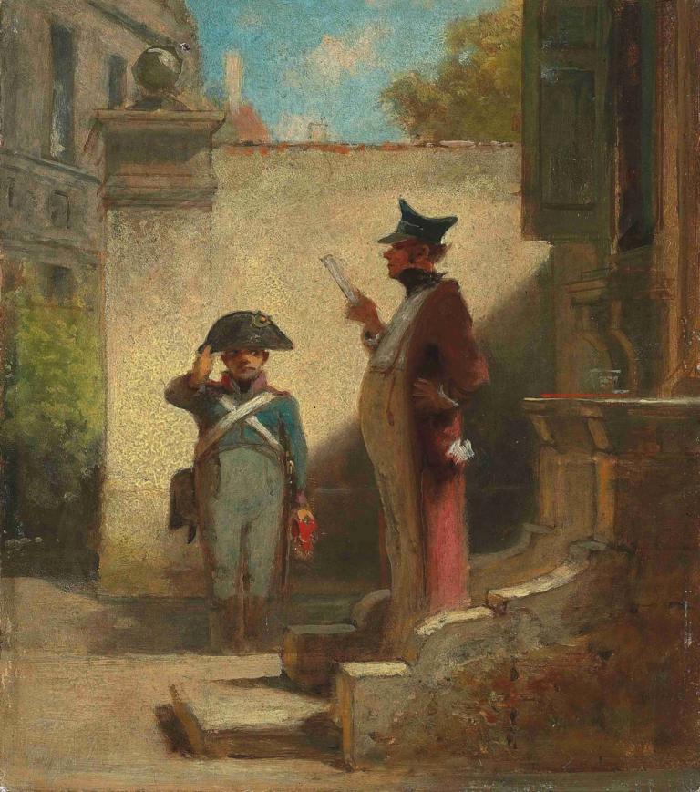 Der Platzkommandant,Bölge komutanı,Carl Spitzweg,Yağlı boya,Yağlı boya, şapka, birden fazla erkek, 2 çoçuk