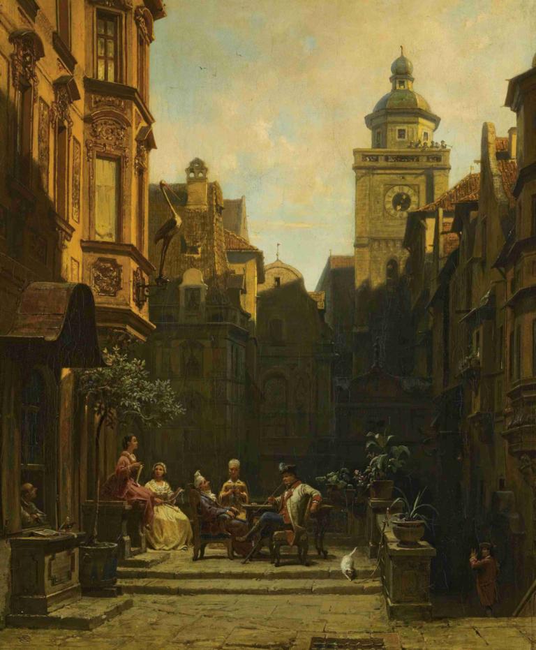 Die Plauderstunde,Het kletsuurtje,Carl Spitzweg,Olieverf,Olieverf, plant, meerdere jongens, buitenshuis