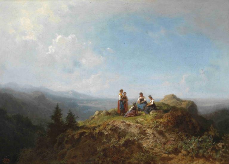 Dirndln auf der Alm,Dirndls op de alm,Carl Spitzweg,Olieverf,Olieverf, buitenshuis, meerdere jongens, lucht