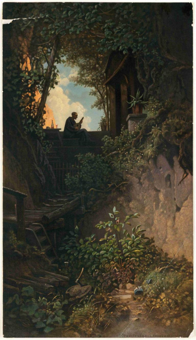 Golden Evening,Carl Spitzweg,Olieverf,Olieverf, boom, buitenshuis, zitten, landschap, plant, lucht