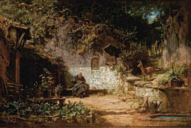 Hermit mending his nets,Kluizenaar die zijn netten repareert,Carl Spitzweg,Olieverf,Olieverf, plant