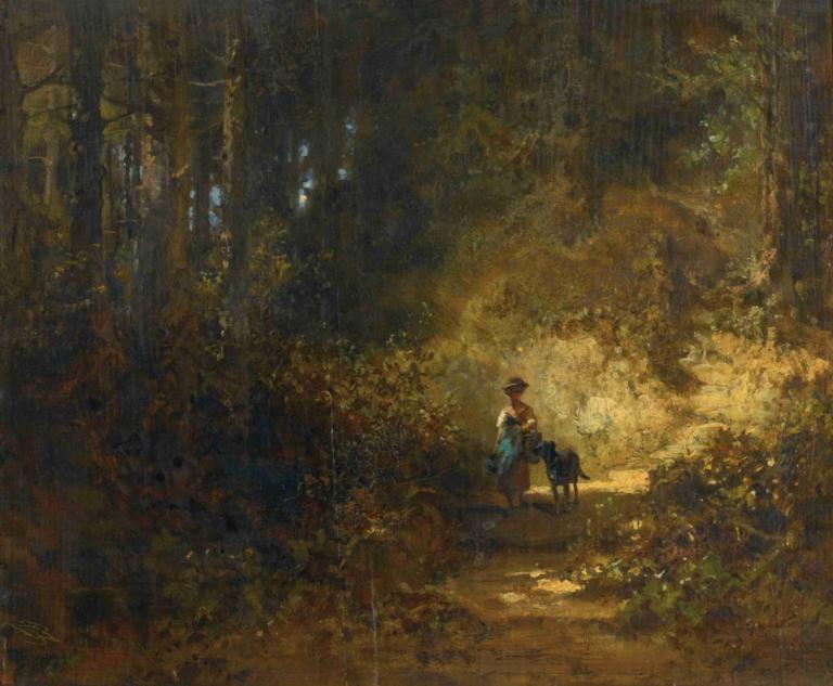 Im Walde,In het bos,Carl Spitzweg,Olieverf,Olieverf, natuur, woud, landschap, hoed, boom, hond, buitenshuis