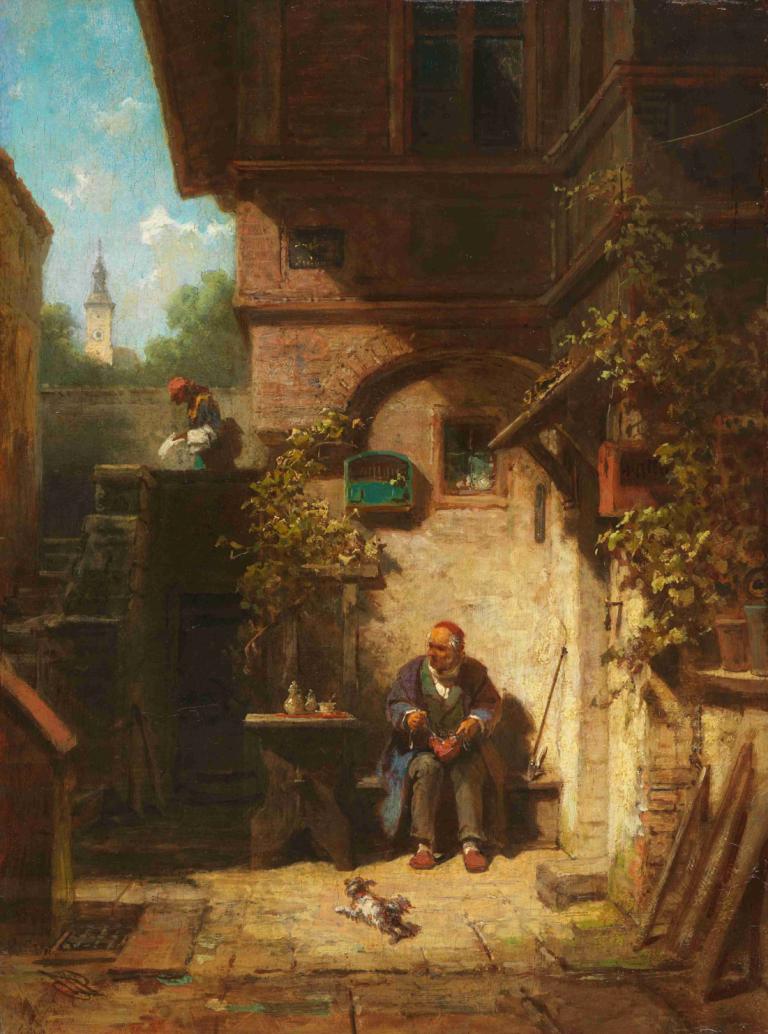 In Erwartung der Zeitung,Wachten op de krant,Carl Spitzweg,Olieverf,Olieverf, zitten, buitenshuis