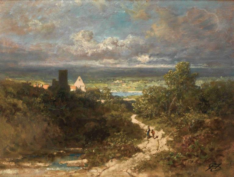 Landscape with river,Landschap met rivier,Carl Spitzweg,Olieverf,Olieverf, landschap, buitenshuis, wolk