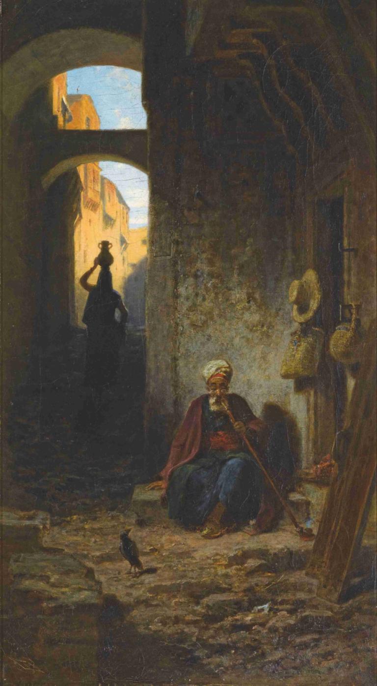 Out Of The Orient,Uit het Oosten,Carl Spitzweg,Olieverf,Olieverf, zitten, 1 jongen, wapen, vasthouden, vogel