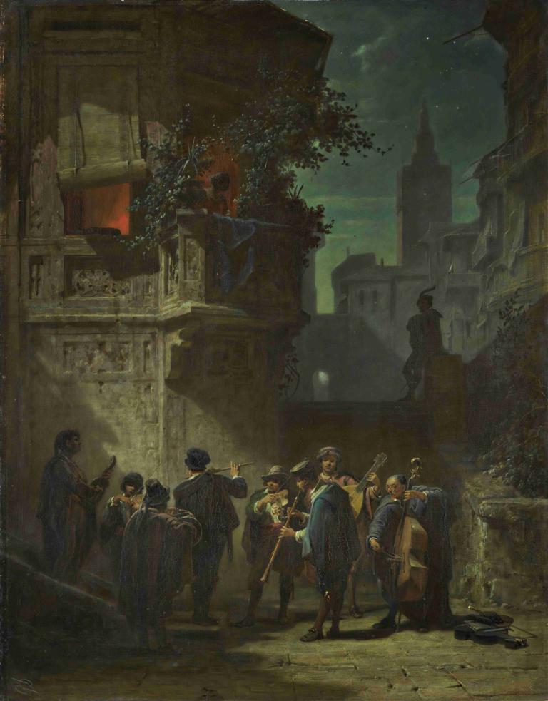 Spanisches Ständchen,Spaanse serenade,Carl Spitzweg,Olieverf,Olieverf, meerdere jongens, lucht, wapen