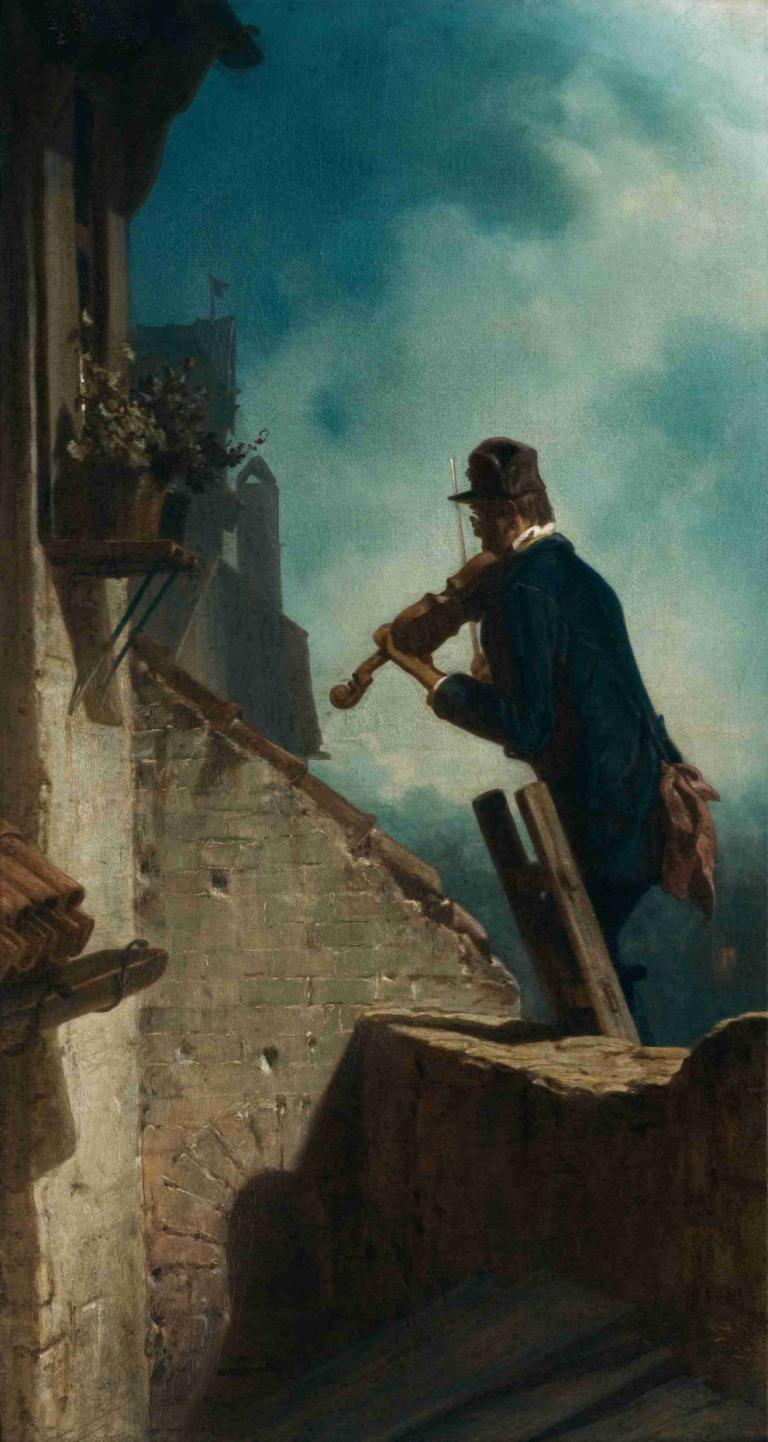 Ständchen (The Serenade),Carl Spitzweg,Oil Painting,Oil Painting, 1boy, hat, solo, instrument, male focus