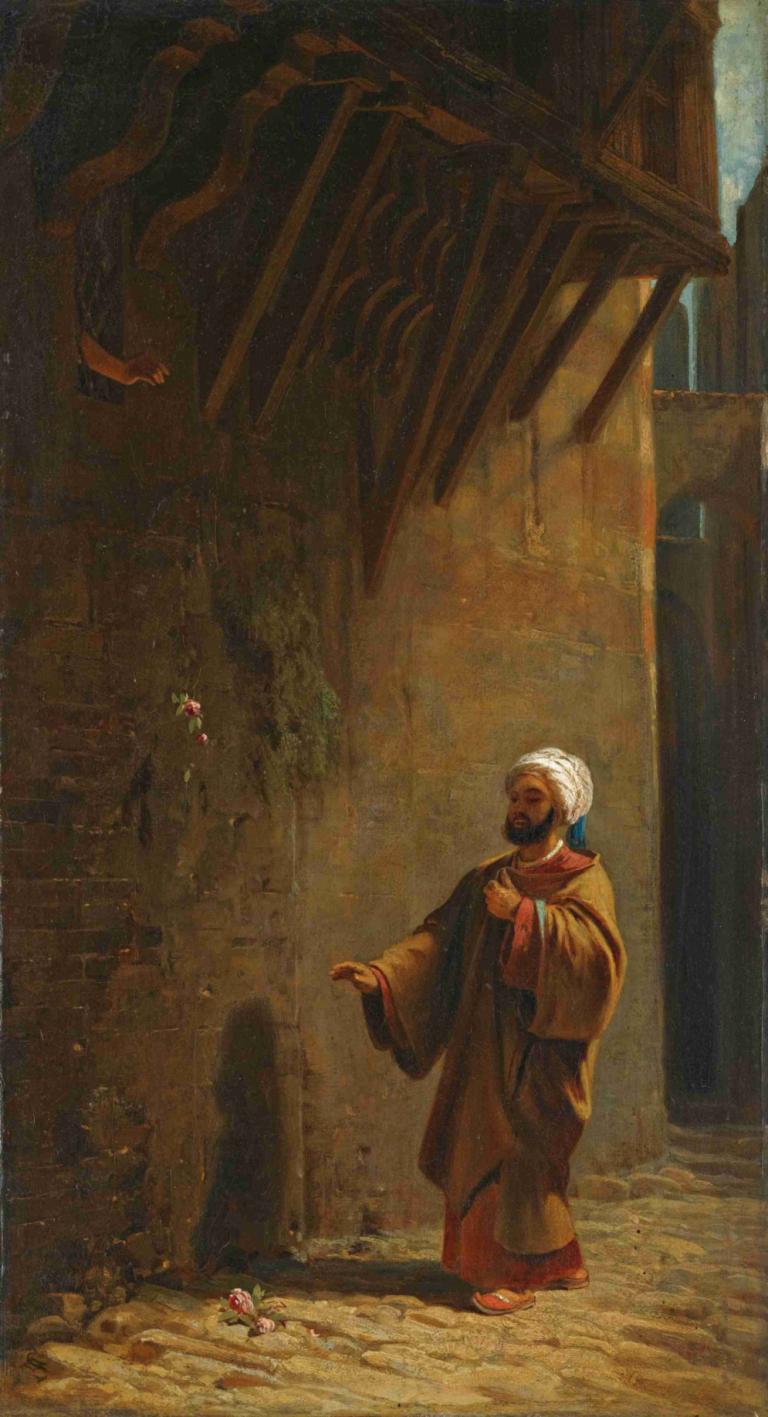 Strasse In Kairo - Türk' Findet Rose,Carl Spitzweg,Oil Painting,Oil Painting, old, old man, 1boy, solo