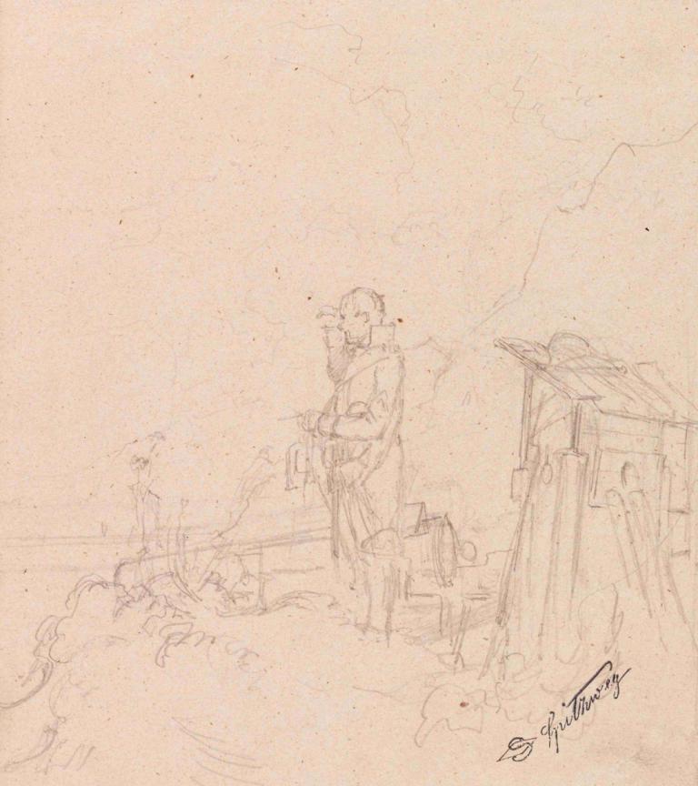 Strickende Wacht (Der Kanonier),Carl Spitzweg,Sketch,Sketch, sketch, monochrome, 1boy, traditional media