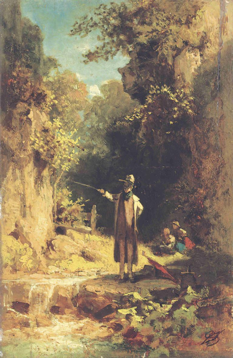 The Fisherman,Carl Spitzweg,Oil Painting,Oil Painting, outdoors, tree, holding, water, hat, day, standing