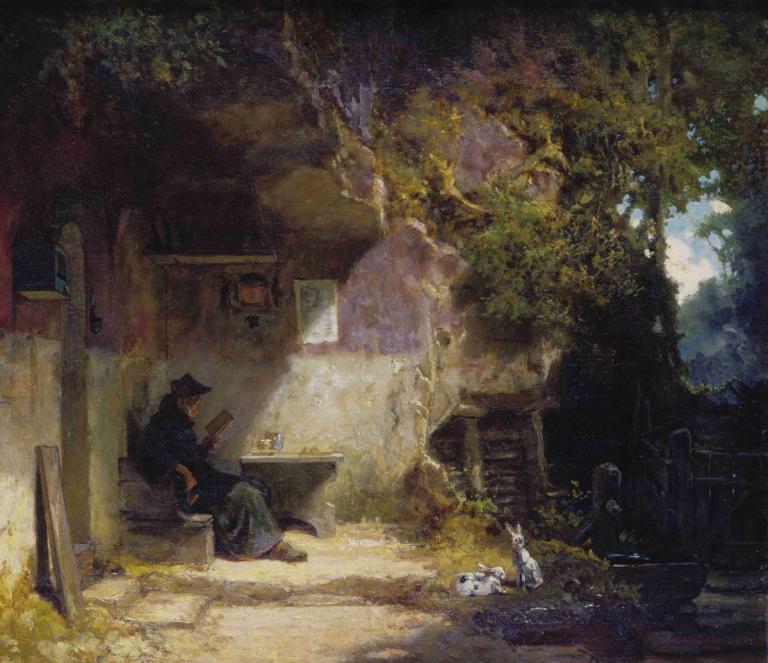 The Hermit in front of His Retreat,Carl Spitzweg,Oil Painting,Oil Painting, 1boy, tree, sitting, cat