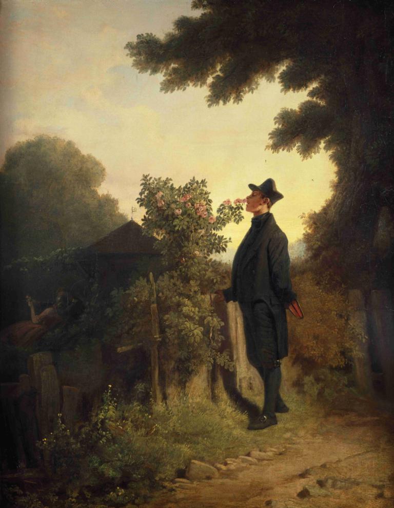 The Rose Lover,Carl Spitzweg,Oil Painting,Oil Painting, hat, 1boy, tree, outdoors, male focus, flower, solo