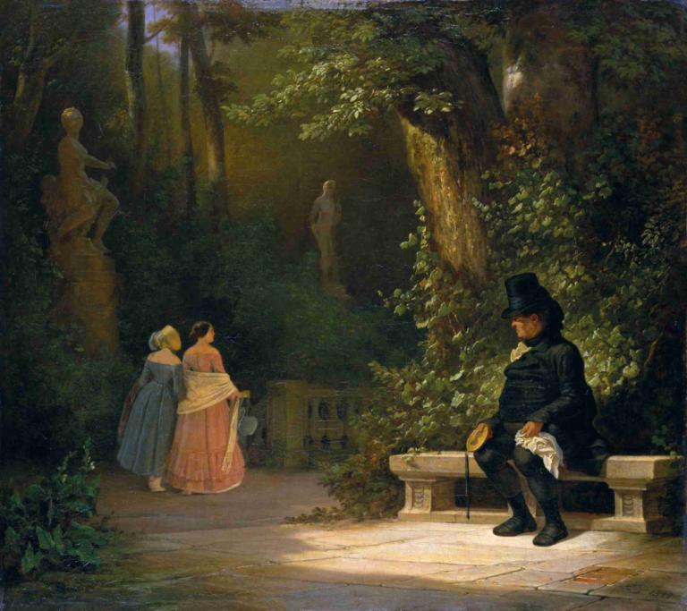 The Widower,Carl Spitzweg,Oil Painting,Oil Painting, tree, hat, multiple girls, outdoors, sitting, dress