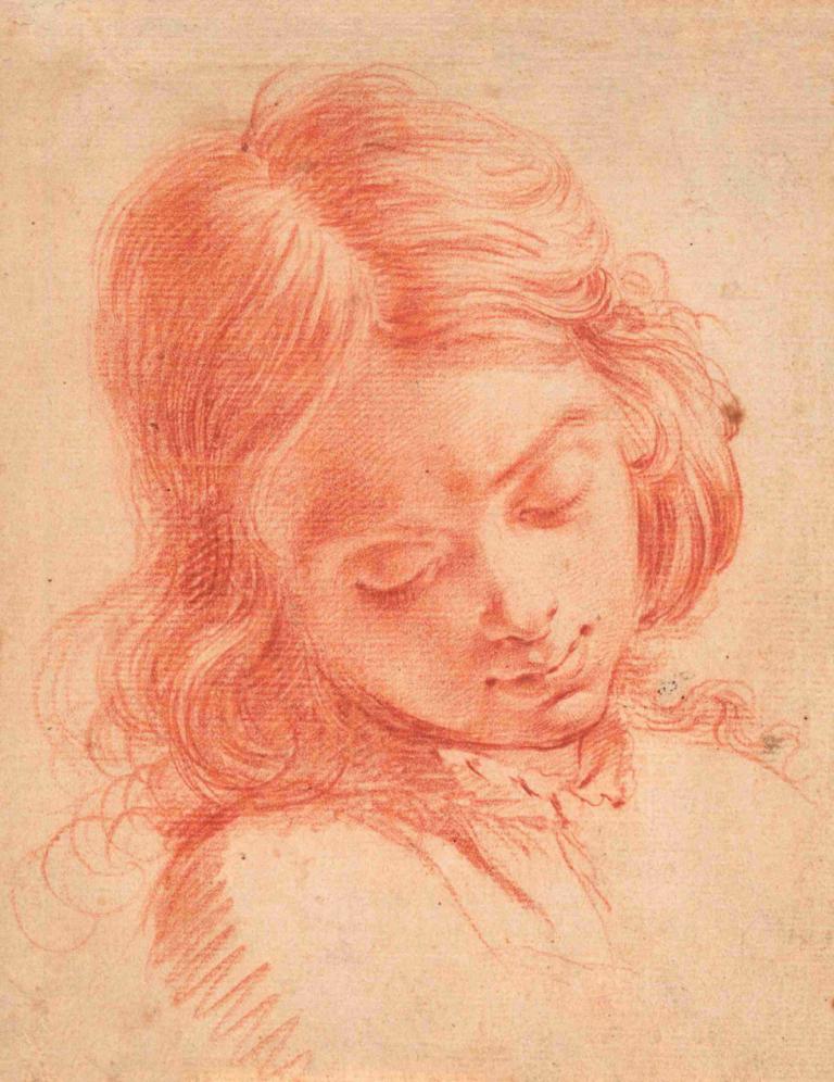 Bust of a boy looking down,Carlo Dolci,Color Sketch,Color Sketch, solo, 1girl, monochrome, closed eyes