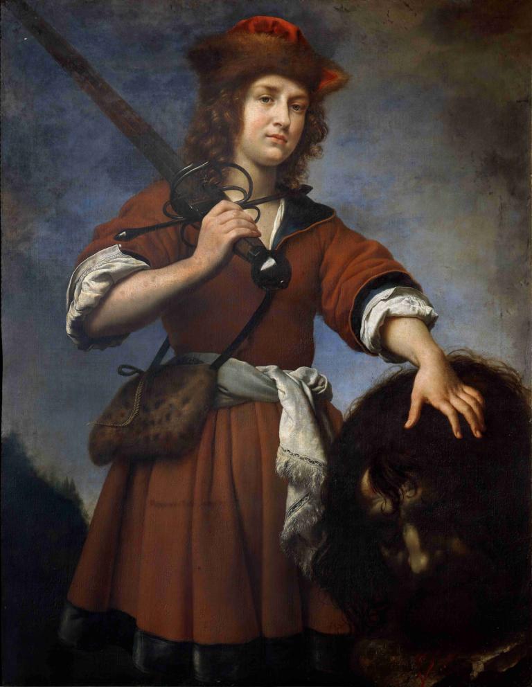 David with the Head of Goliath,大衛帶著巨人的頭,Carlo Dolci,卡洛·多爾奇,油畫,油畫, 武器, 帽子, 1個女孩, 美術模仿, 保持, 棕色的頭髮, 槍, 獨奏, 持有武器