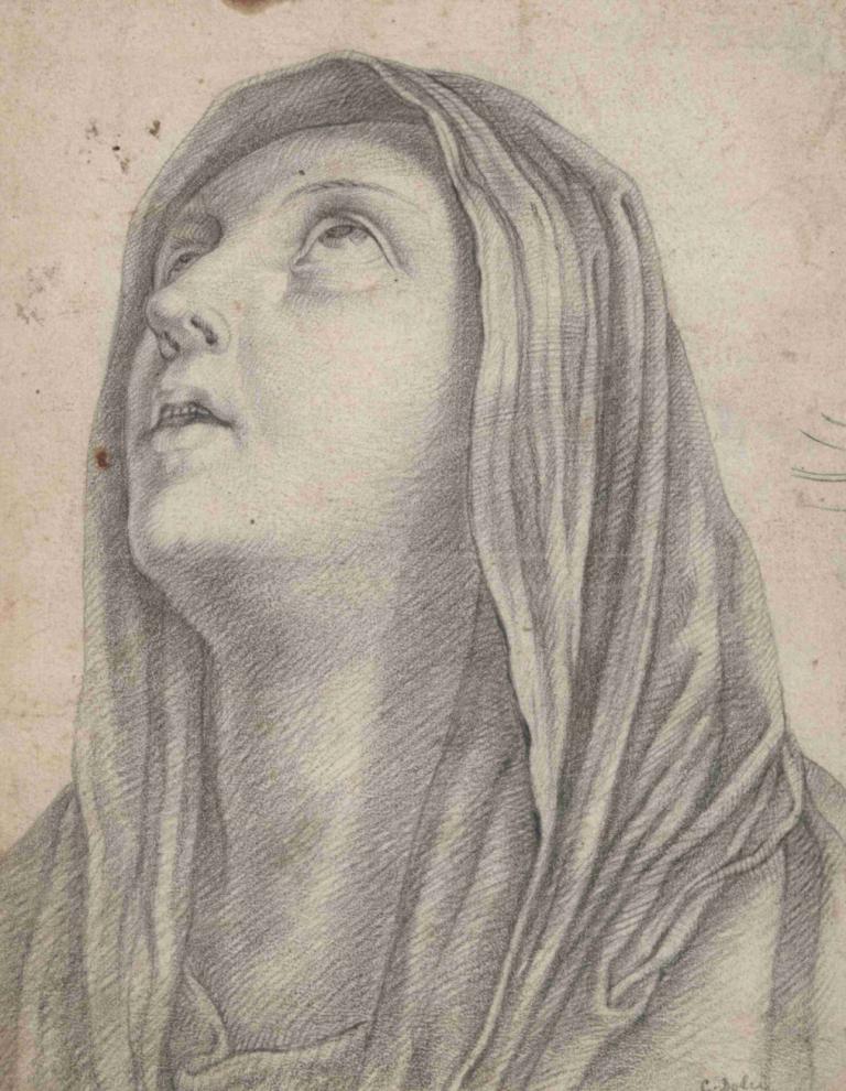 Head of the Virgin Mary,Carlo Dolci,Sketch,Sketch, solo, traditional media, monochrome, looking up